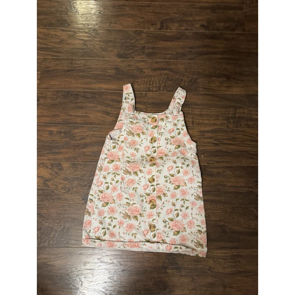 Little Lass Girls Size 6x Floral Print Overall Denim Dress Pink White